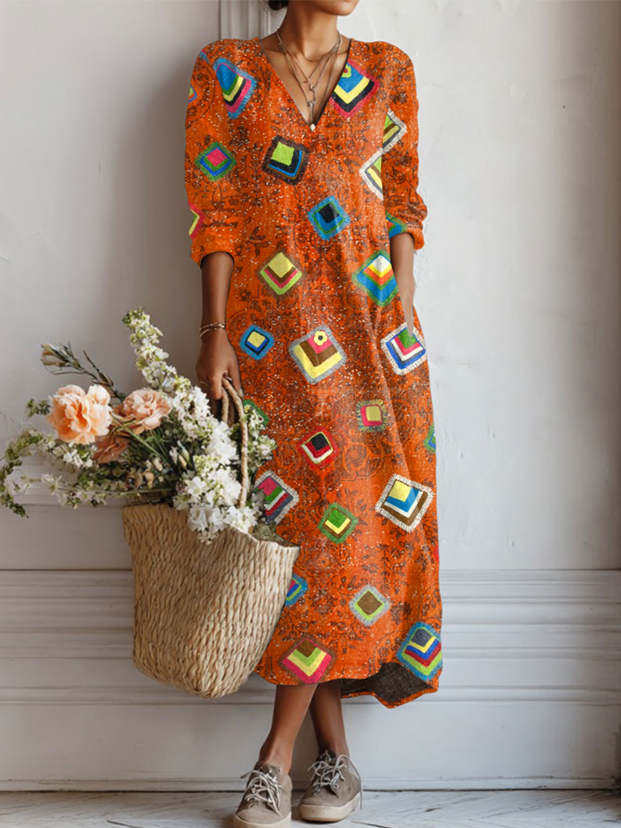 Women's Vintage Abstract Geometric Art Print Linen Pocket Tunic Dress
