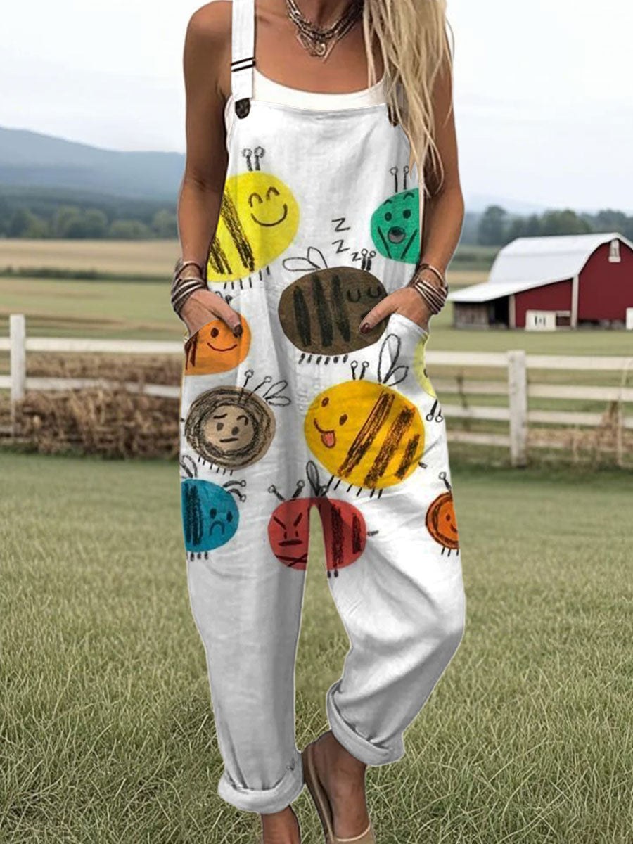 Women's Funny Bee Art Print Casual 100% Cotton Wide Leg Jumpsuit