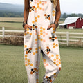 Women's Fashion Bee Art Print Casual 100% Cotton Wide Leg Jumpsuit