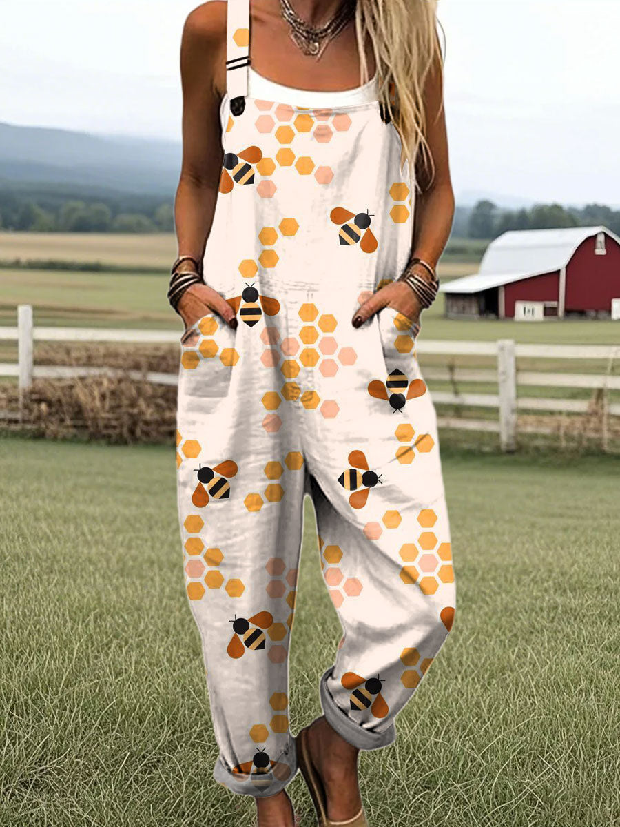 Women's Fashion Bee Art Print Casual 100% Cotton Wide Leg Jumpsuit