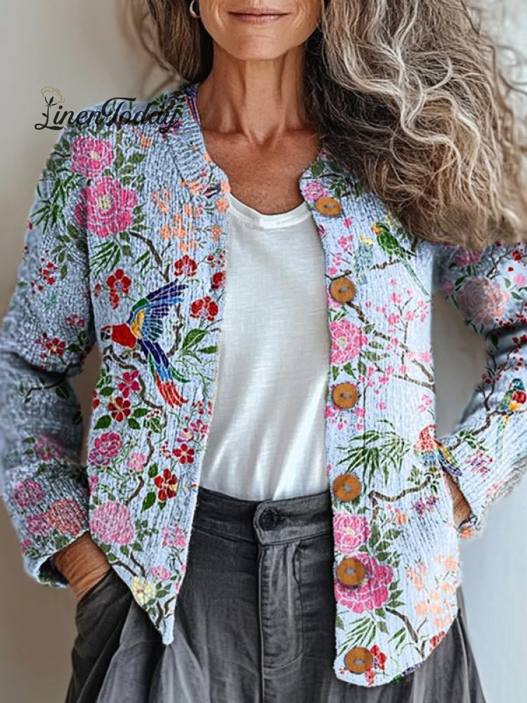 Women's Floral and Bird Art Print Button Cardigan
