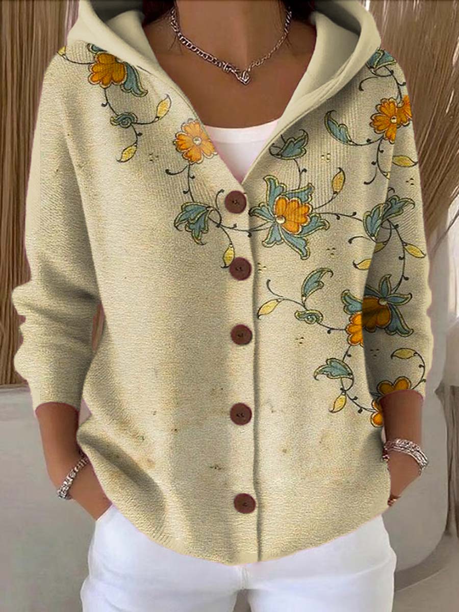 Women's Vintage Floral Pattern Art Printed Casual Hooded Button Sweater