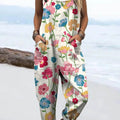 Women's Lovely Floral Art Print Casual 100% Cotton Wide Leg Jumpsuit