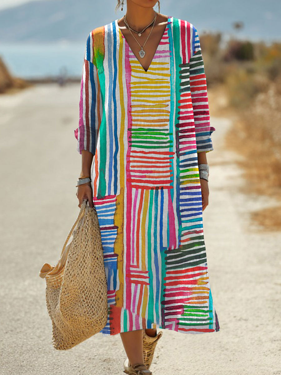 Women's  Vintage Abstract Geometric Art Print Pocket Cotton Dress