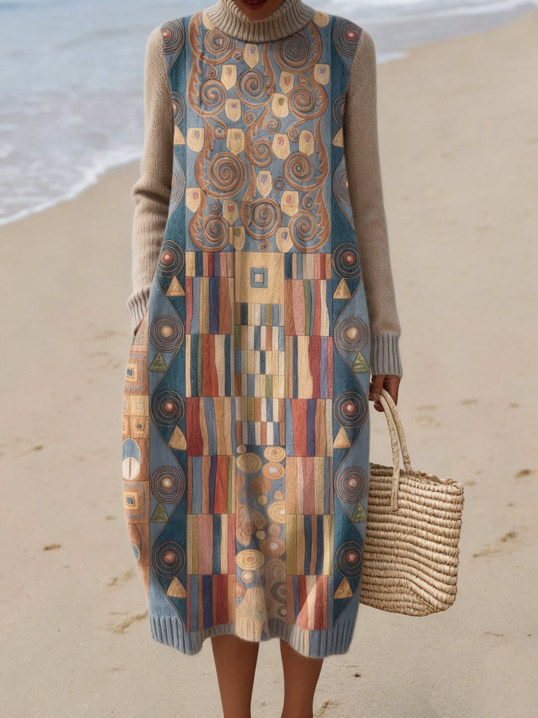 Women's Geometric Art Print Casual Cotton Sweater Dress