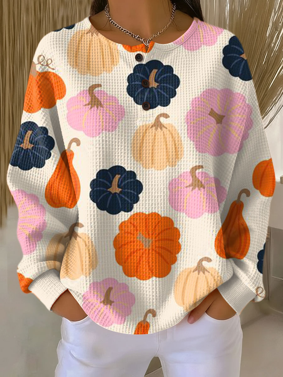 Women's Halloween Pumpkin Pattern Art Print Casual Waffle Henry Collar Sweatshirt