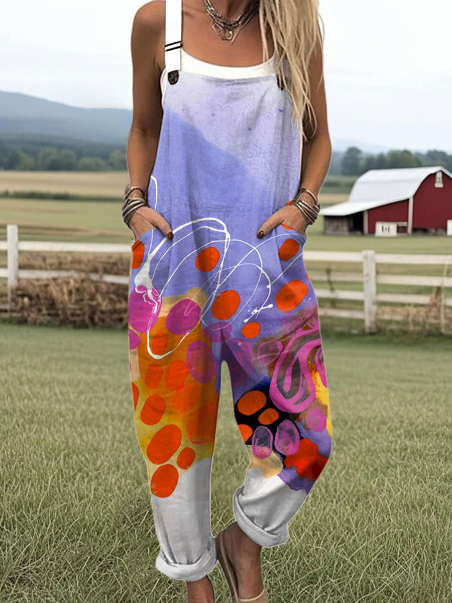 Women's Vintage Gradient  Art Print Casual 100% Cotton Wide Leg Jumpsuit
