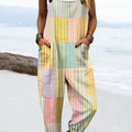 Women's Vintage Abstract Geometric Line Art Print Casual 100% Cotton Wide Leg Jumpsuit
