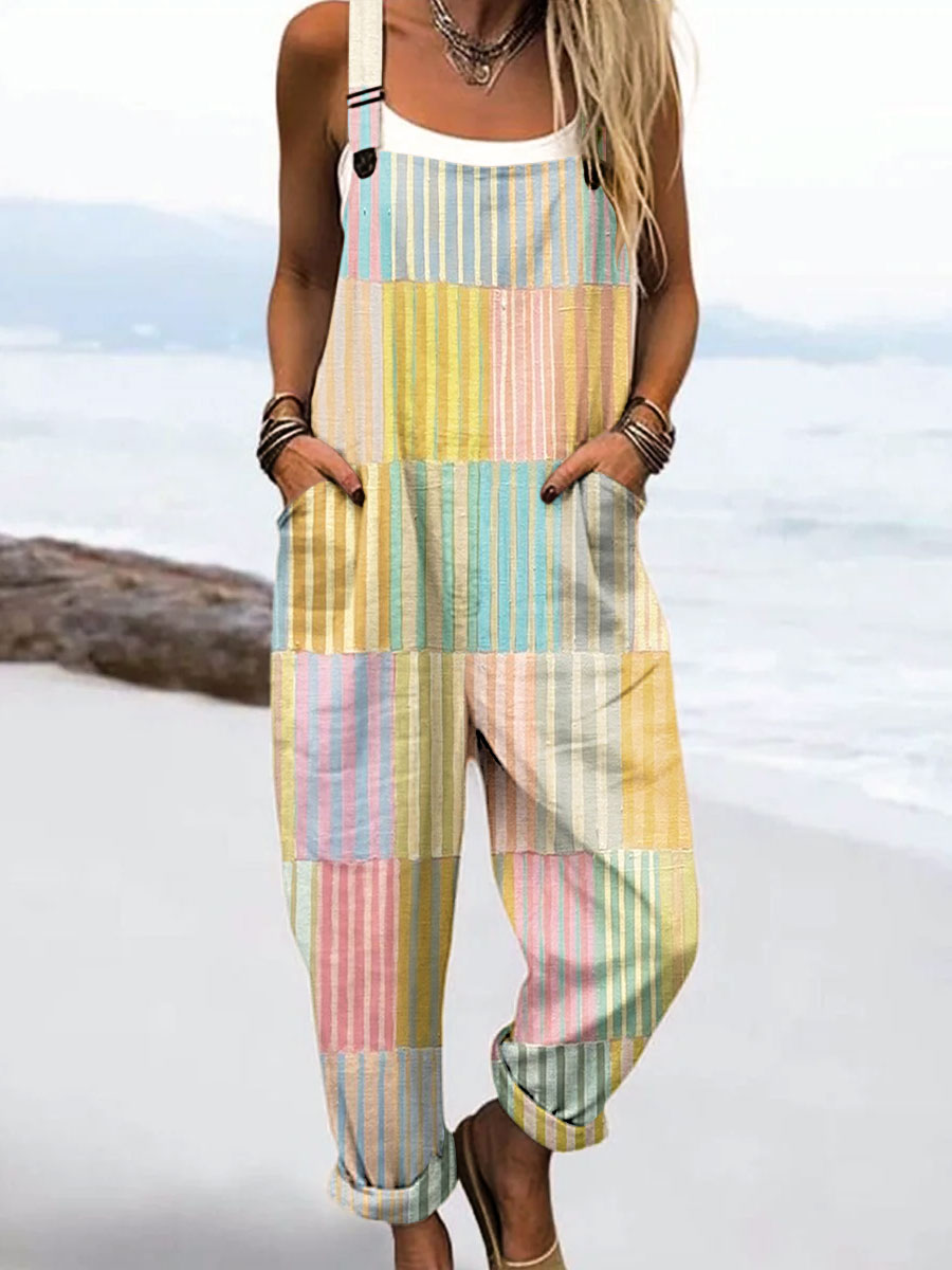 Women's Vintage Abstract Geometric Line Art Print Casual 100% Cotton Wide Leg Jumpsuit