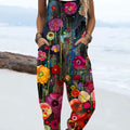 Women's Vintage Flowers Art Print Casual 100% Cotton Wide Leg Jumpsuit