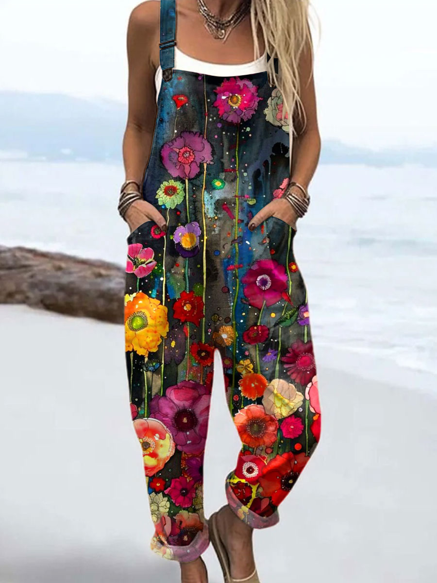 Women's Vintage Flowers Art Print Casual 100% Cotton Wide Leg Jumpsuit