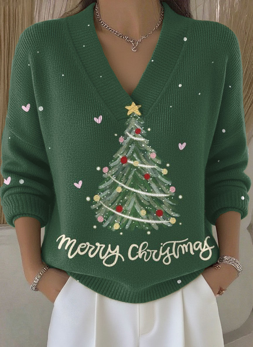 Vintage Christmas Tree Art Print Buttoned Cardigan Sweater