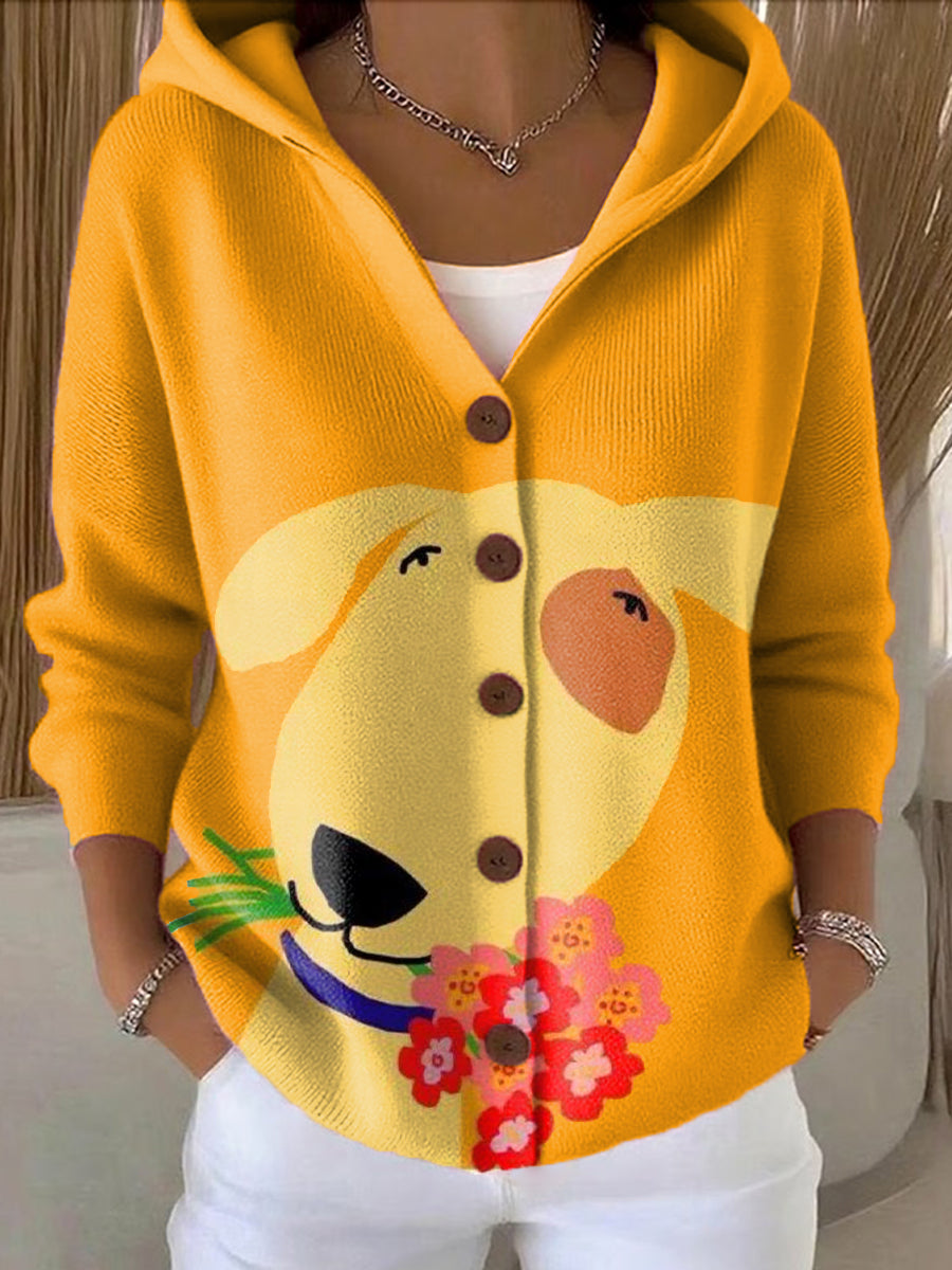 Women's Cute Dog Head Painting Art Print Casual Hooded Button Sweater