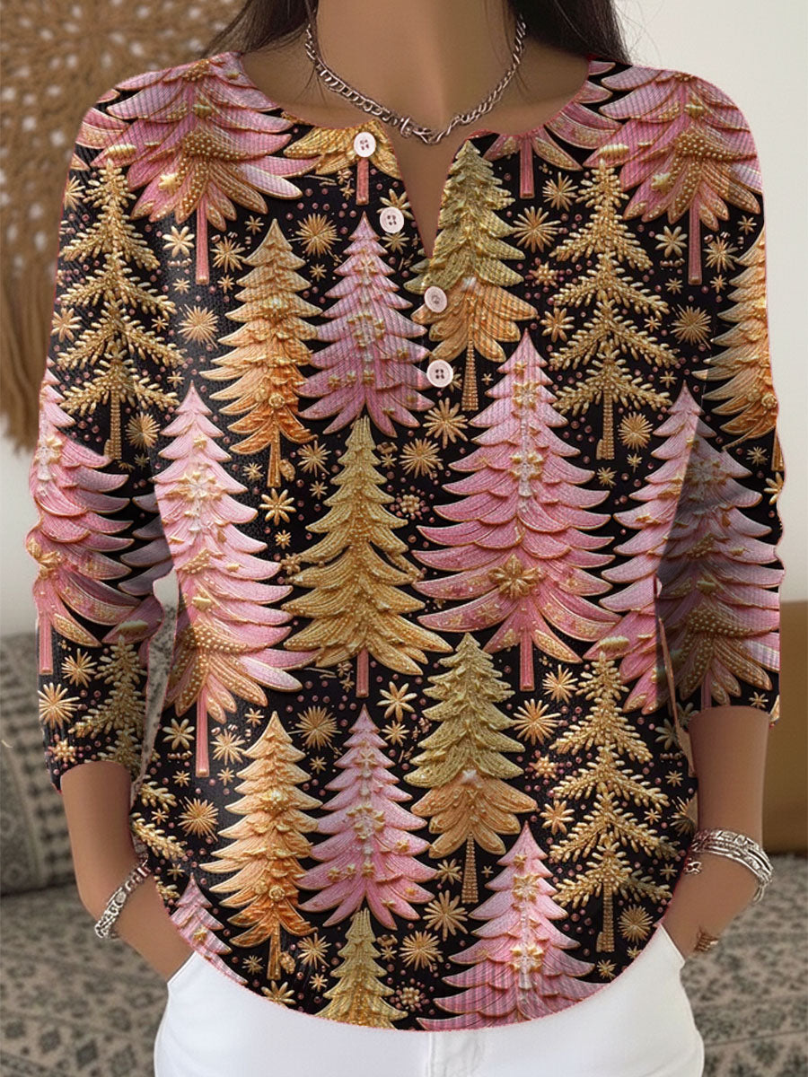 Women's Christmas Tree Art Print Buttoned Cardigan Sweater