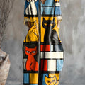 Women's Geometric Cats Art Pattern Print Pocket V-neck Cotton Dress