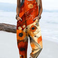 Women's Vintage Flower Art Print Casual 100% Cotton Wide Leg Jumpsuit
