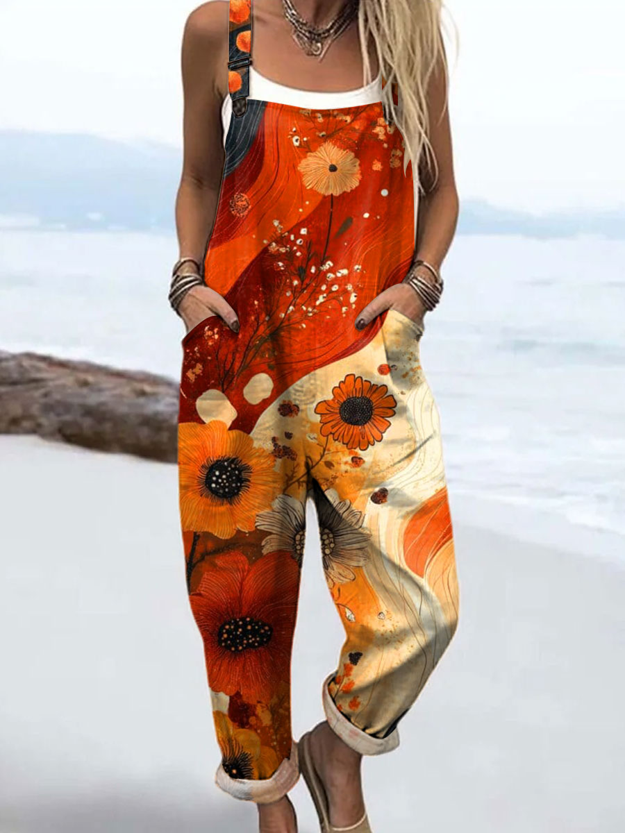 Women's Vintage Flower Art Print Casual 100% Cotton Wide Leg Jumpsuit