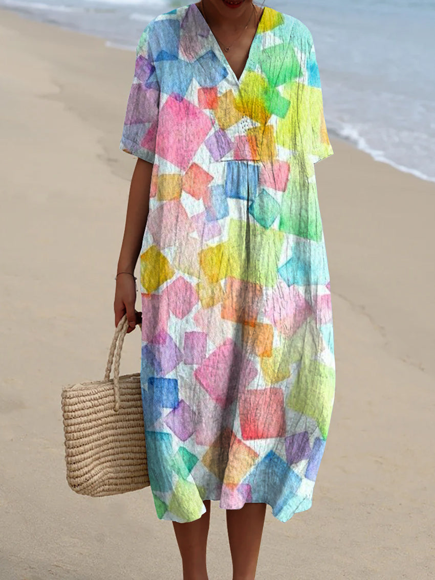 Women's Rainbow Colored Rectangle Print Watercolor Splash Fluid Art Print Flowy Dress