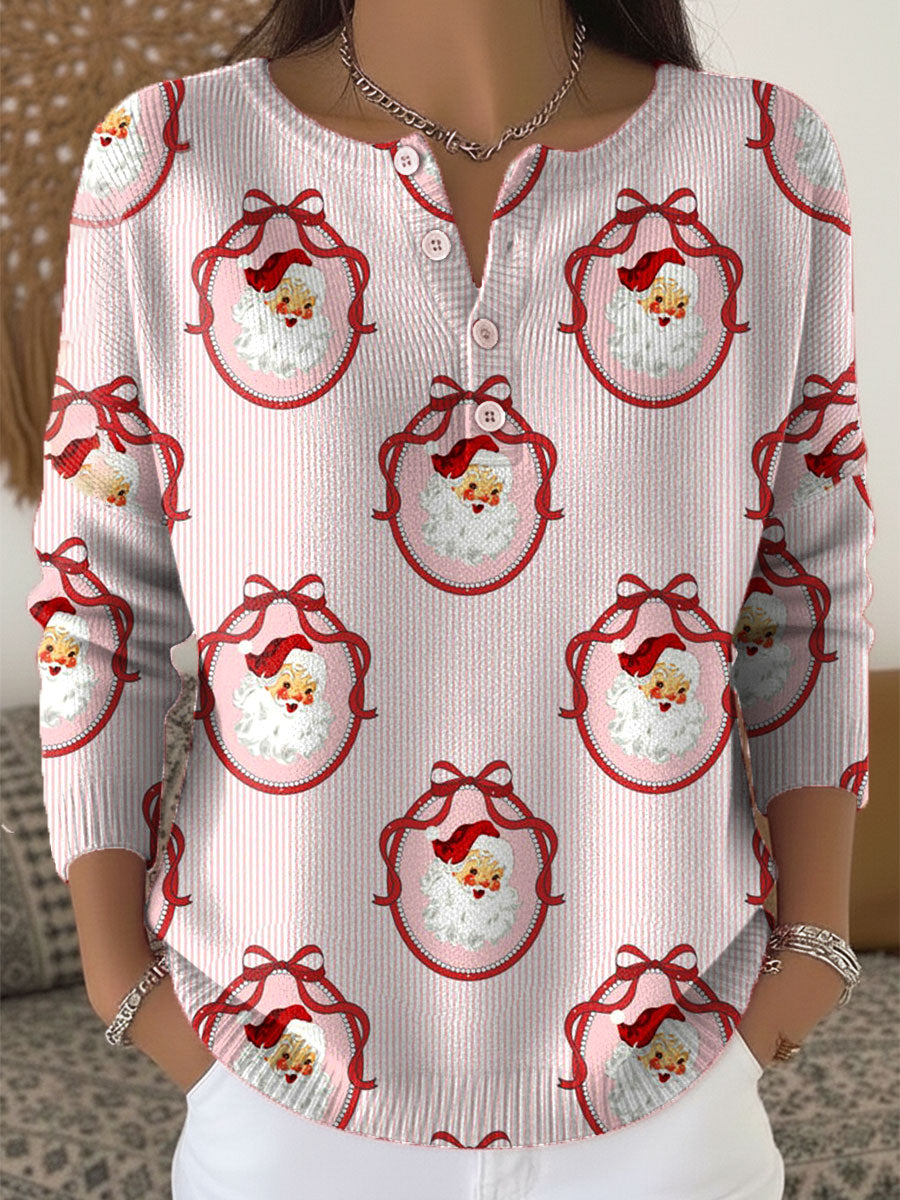 Vintage Christmas Santa Art Print Buttoned Cardigan Sweater