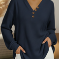 Casual V-neck Button-down Waffle Sweatshirt Top