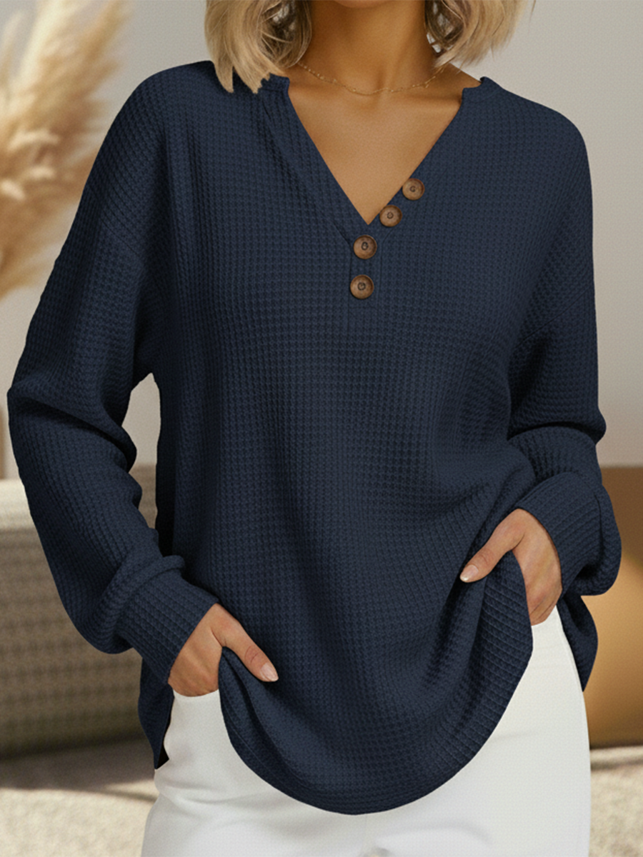Casual V-neck Button-down Waffle Sweatshirt Top
