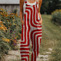 Women's  Vintage Abstract Geometric Art Print Casual 100% Cotton Wide Leg Jumpsuit