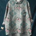 Women's Vintage Floral Art Print Casual Cotton And Linen Shirt