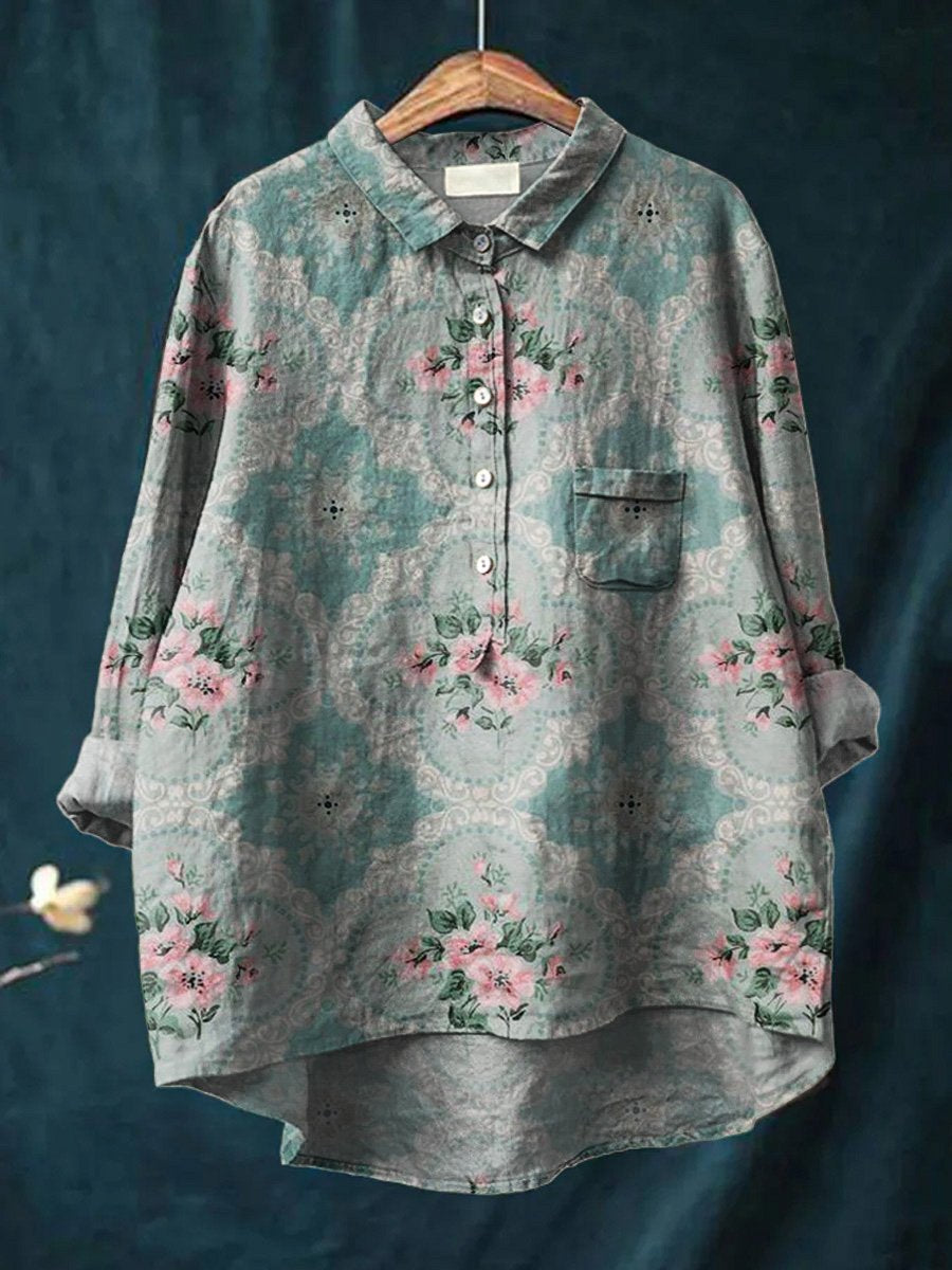 Women's Vintage Floral Art Print Casual Cotton And Linen Shirt