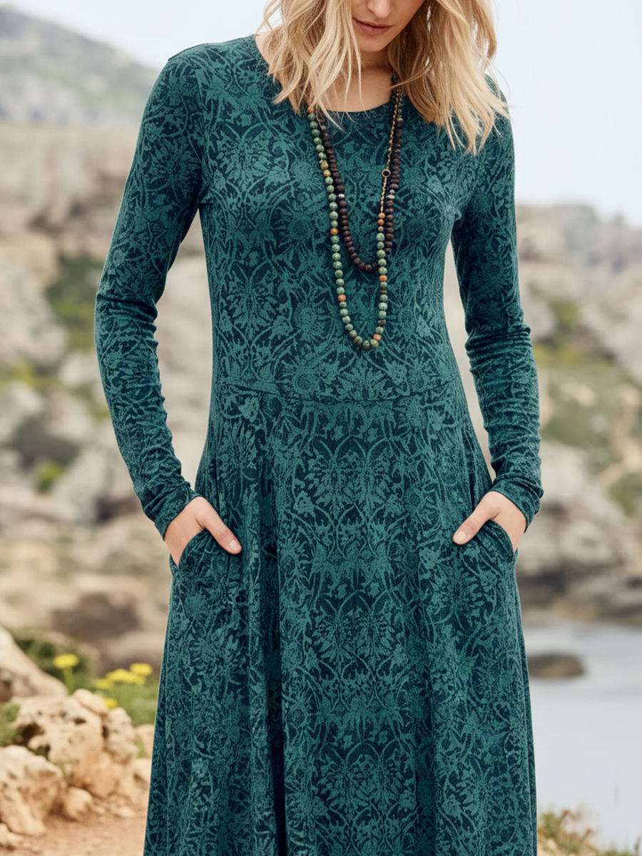 Bohemian Floral Print Crew Neck Stretch-knit Dress