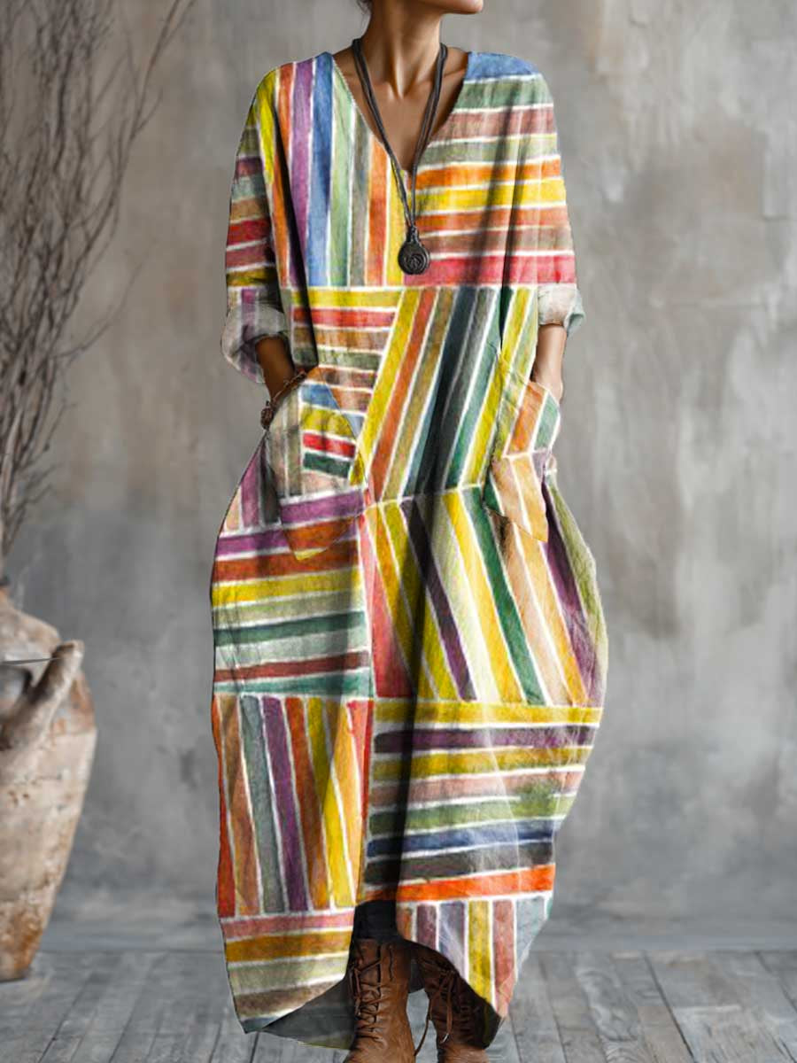Women's Geometric Art Pattern Print Pocket V-neck Cotton Dress