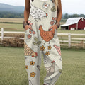 Women's  Vintage Flower Chick Art Print Casual 100% Cotton Wide Leg Jumpsuit