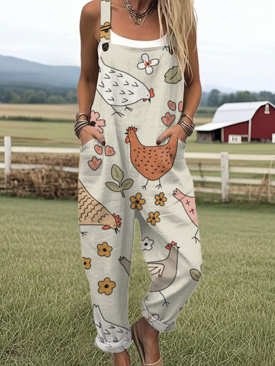 Women's  Vintage Flower Chick Art Print Casual 100% Cotton Wide Leg Jumpsuit