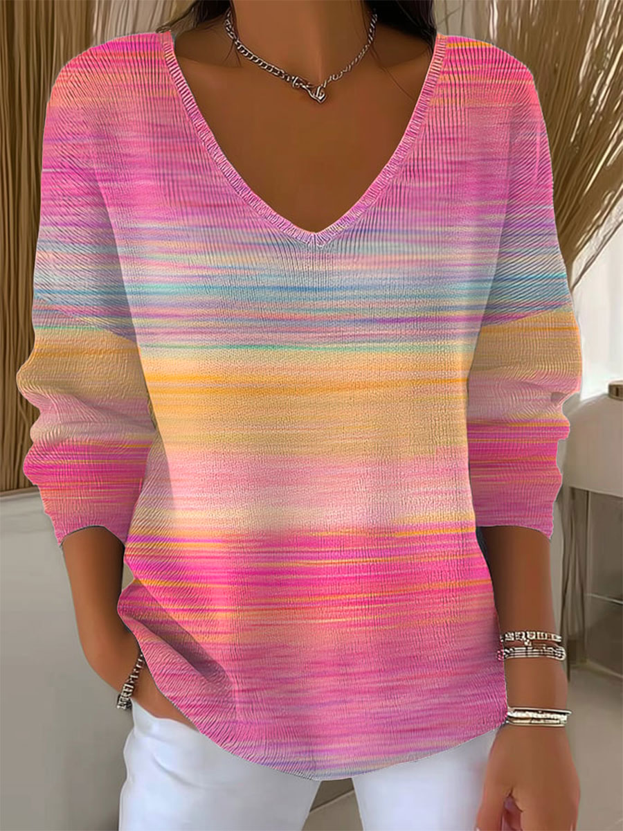 Women's Pink Gradient  Vintage  Art Print Casual Pullover Sweater