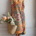 Women's Vintage Flower Art Print Linen Pocket Tunic Dress