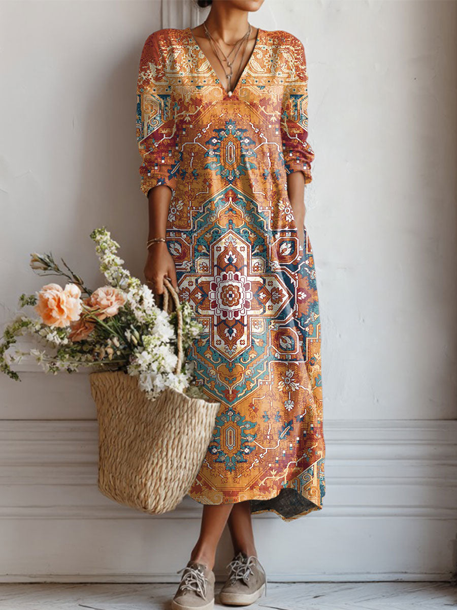 Women's Vintage Flower Art Print Linen Pocket Tunic Dress