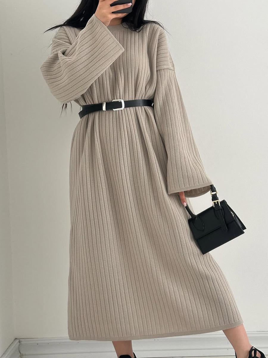 Women's Solid Color Round Neck Long Sleeve Casual Loose Dress