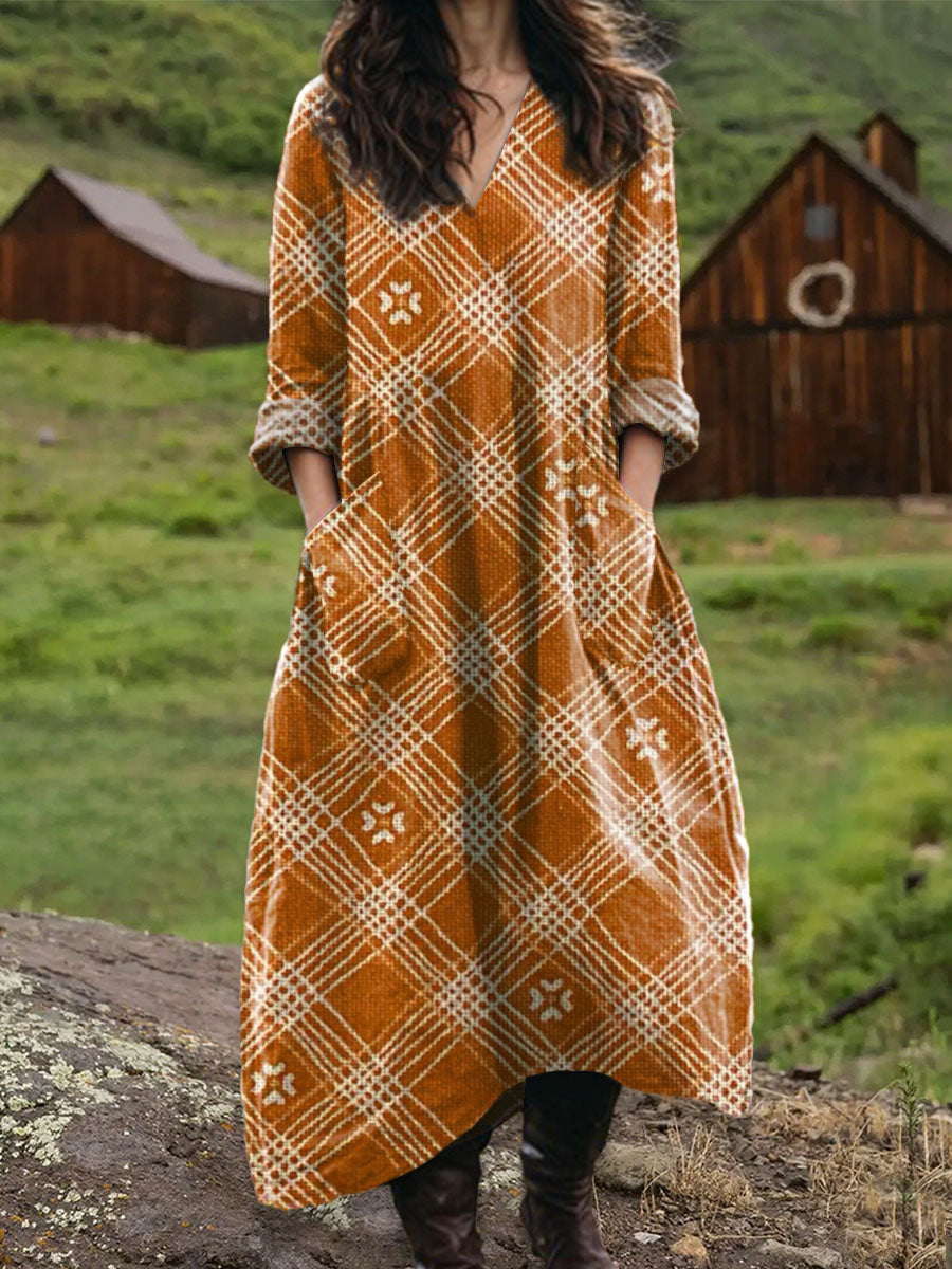 Women's Vintage Abstract Geometry Art  Print Pocket V-neck Cotton Dress