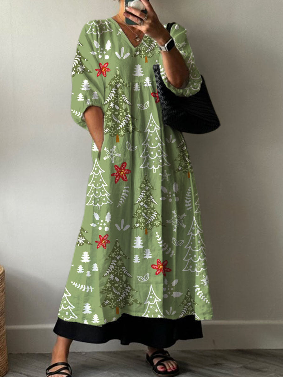 Women's Christmas Tree Art Print Pocket V-neck Cotton Dress