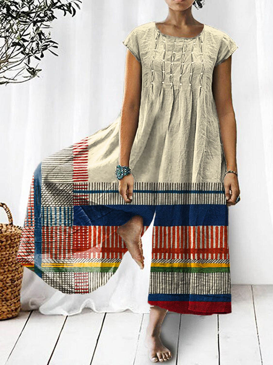 Women's Abstract Geometric Pattern Art Print Casual Denim Jumpsuit