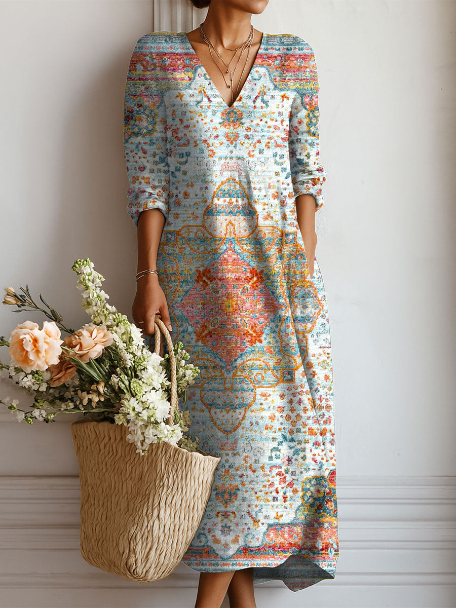 Women's Vintage Pattern Art Print Linen Pocket Dress