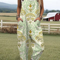Damen-Jumpsuit mit Vintage-Bienen- und Blumenmuster, lässig, aus 100 % Baumwolle, mit weitem Bein 