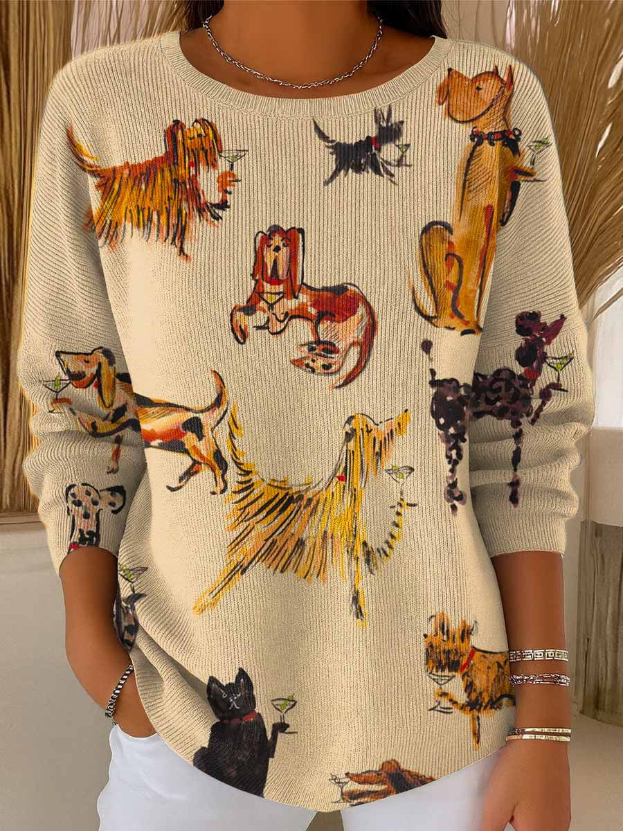 Women's Funny Dogs Art Print Casual Pullover Sweater