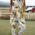Women's Vintage Bee Floral Art Print Casual 100% Cotton Wide Leg Jumpsuit