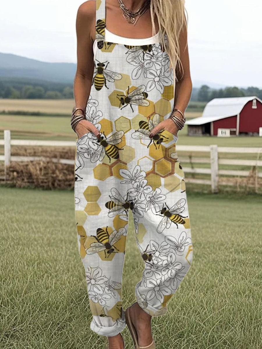 Women's Vintage Bee Floral Art Print Casual 100% Cotton Wide Leg Jumpsuit
