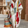 Women's Abstract Print V-Neck 3/4Sleeve Casual Loose Cotton-Linen Dress