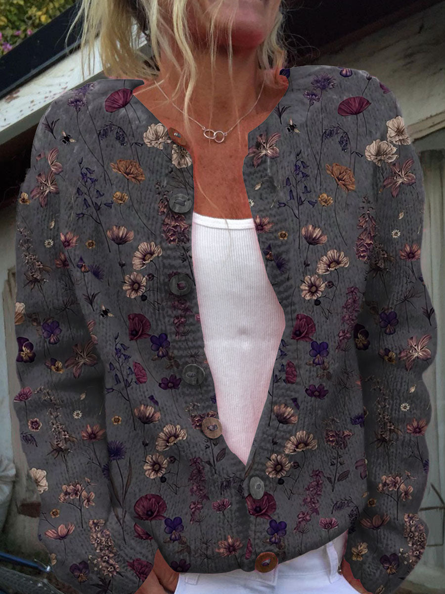 floral-art-print-buttoned-cardigan-sweater