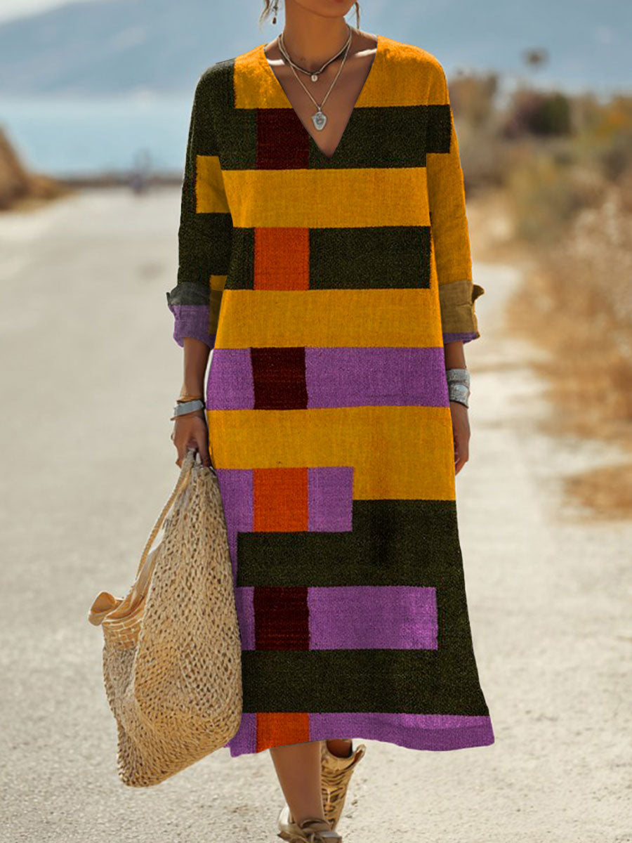 Women's  Vintage Abstract Geometric Art Print Pocket Cotton Dress