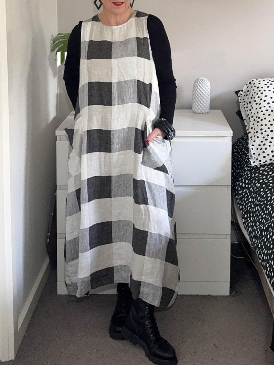 Women's Round Neck Sleeveless Plaid Print Casual Cotton and Linen Vest Dress