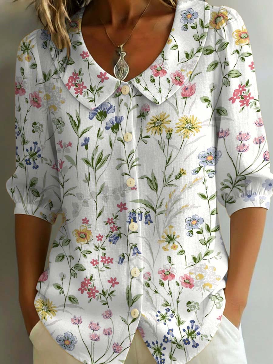 Women's Floral Art Print Casual Stylish Cotton Linen Shirt