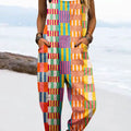 Women's Vintage Abstract Geometric Lines Art Print Casual 100% Cotton Wide Leg Jumpsuit